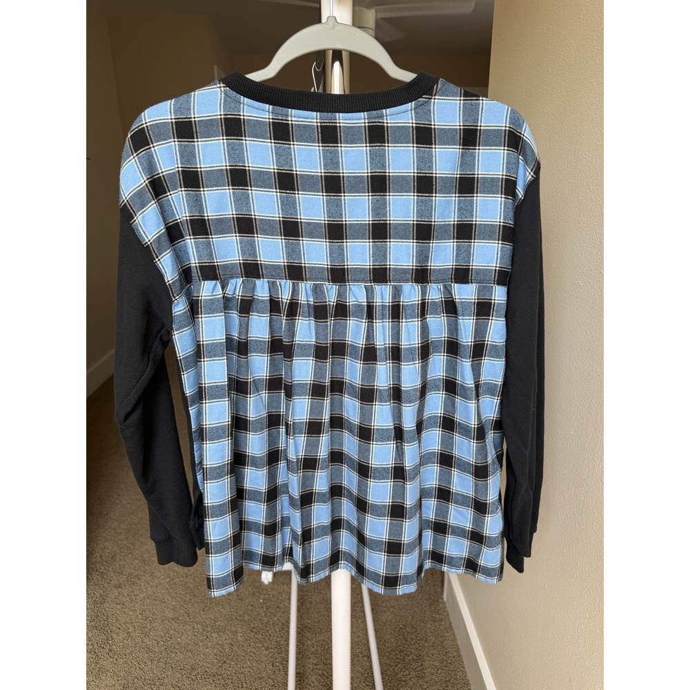 Pilcro x Anthropologie Contrast Flannel Plaid Sweatshirt Blue Black Womens S - Picture 3 of 9